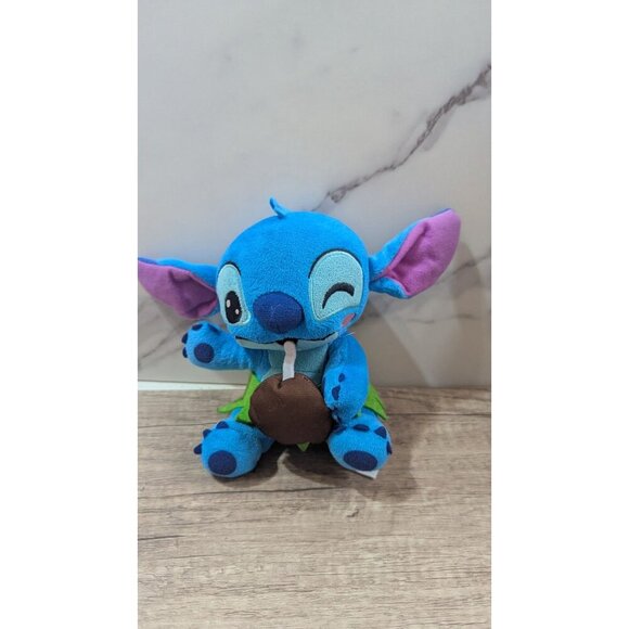Disney Stitch Plush Toy With Coconut Drink & Green Grass Skirt 7" - Picture 6 of 7